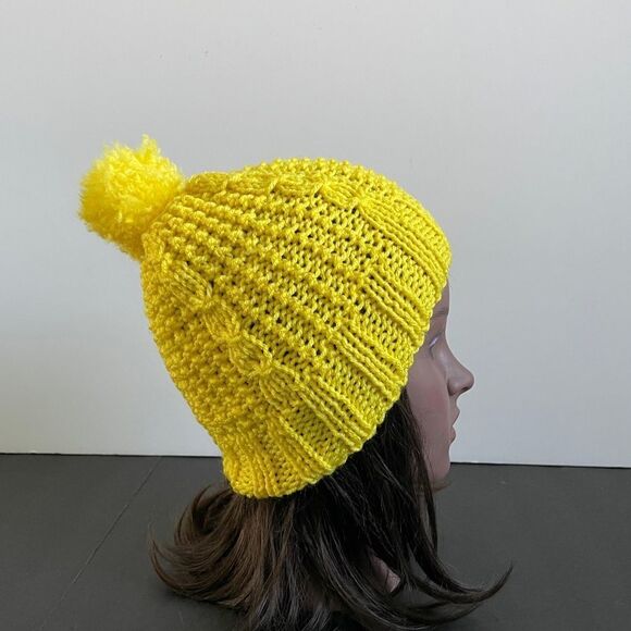 Handmade Pom Pom Knit Hat Yellow - Picture 1 of 5